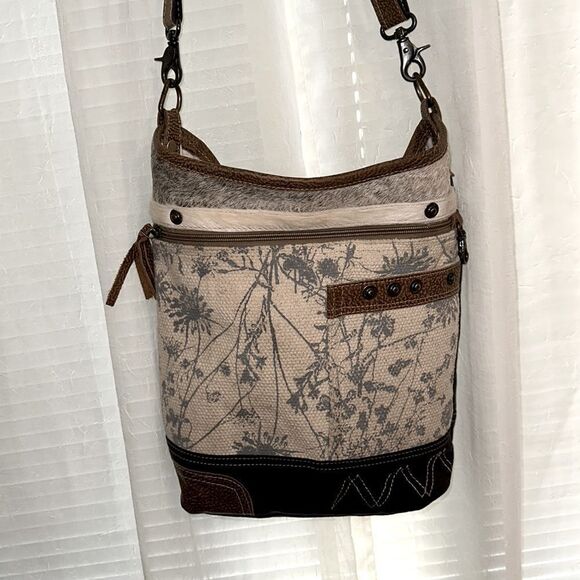Myra Solidaster Crossbody Shoulder Upcycled Bag Leather Canvas Studded Floral - Picture 4 of 16
